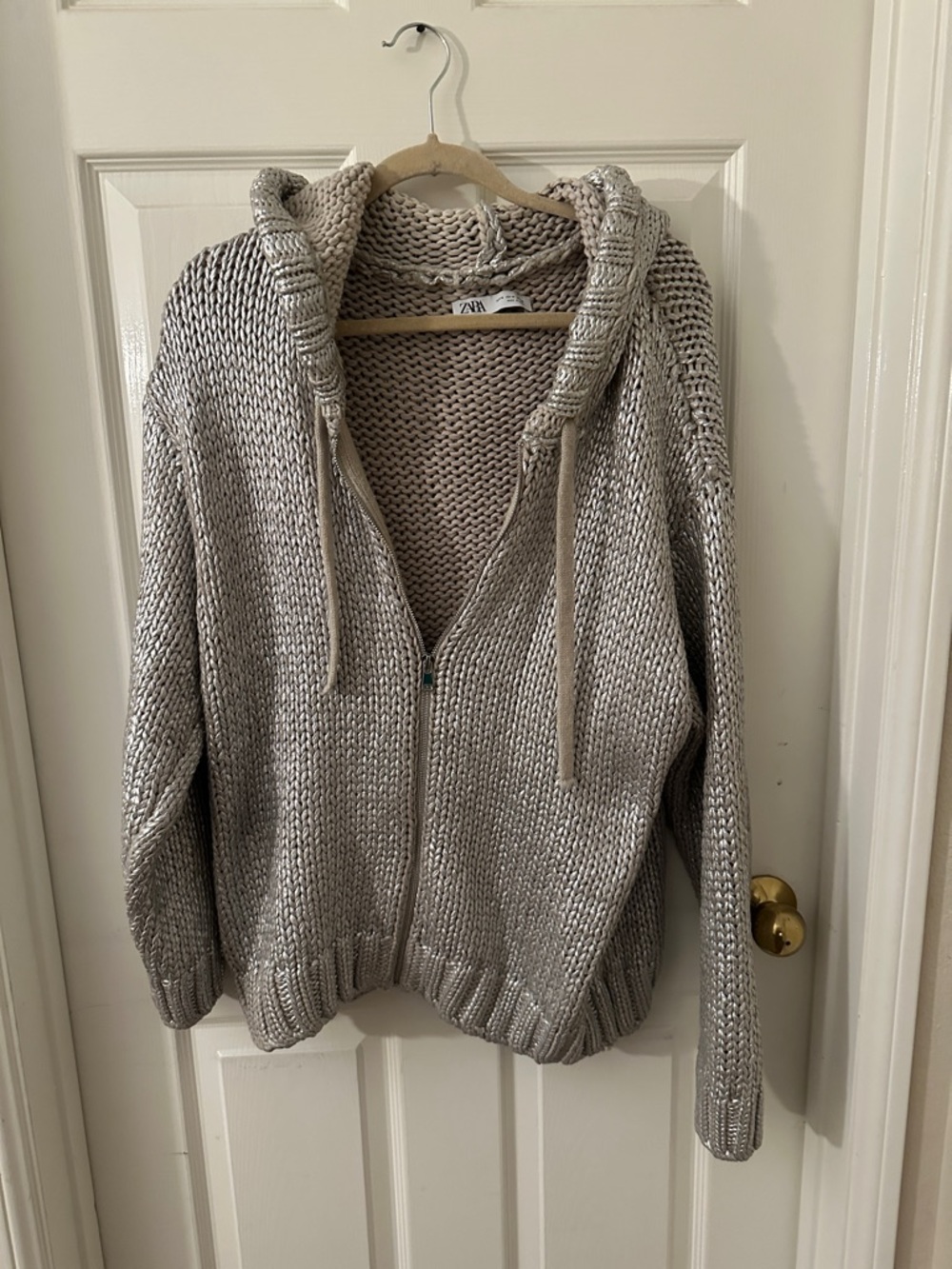 Zara Silver Knit Zip Hoodie with Hood
